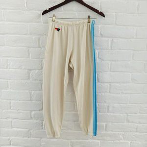 Aviator Nation Cream Track Pants with Blue Stripe